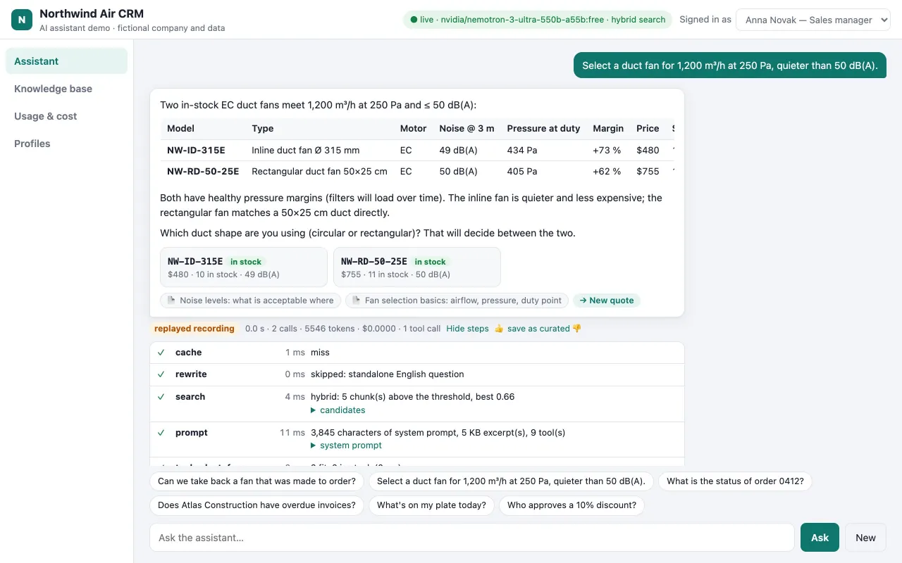 Fan selection answer with a comparison table, product cards and inspector steps